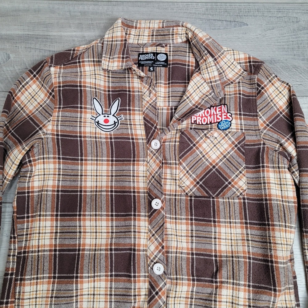 🐰Broken Promises x Happy Bunny Flannel Women's S Brown Plaid Graphic Y2K Art - Picture 4 of 16